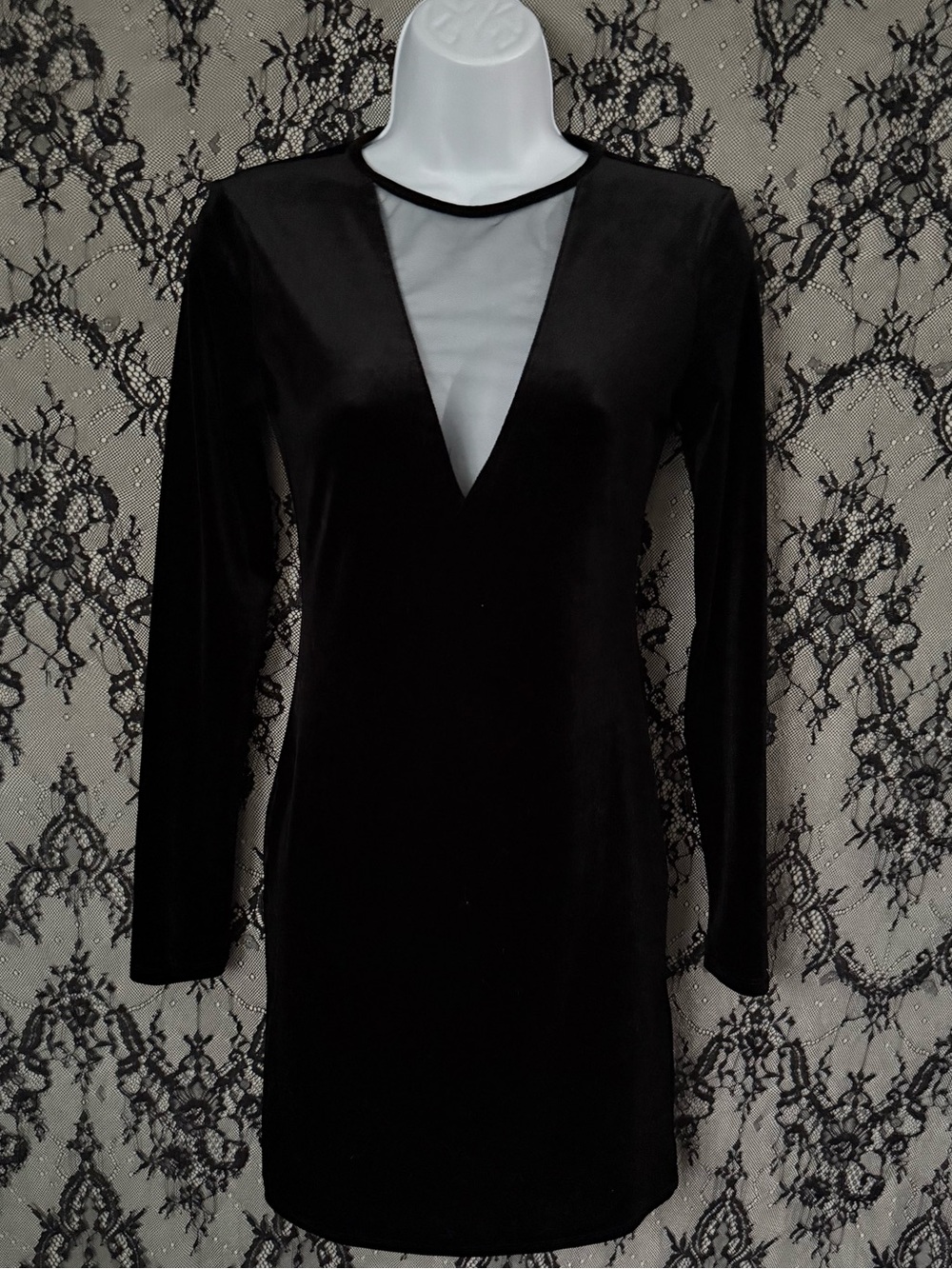 Forever 21 Black velvet long sleeve mini dress with sheer panel and v-neckline